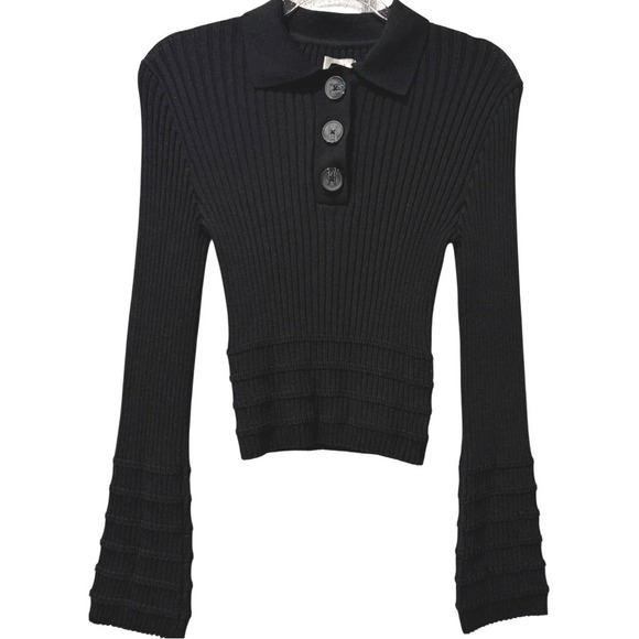 Anthropologie Maeve Ribbed Knit Polo Henley Sweater Top Bell Sleeve Black Medium